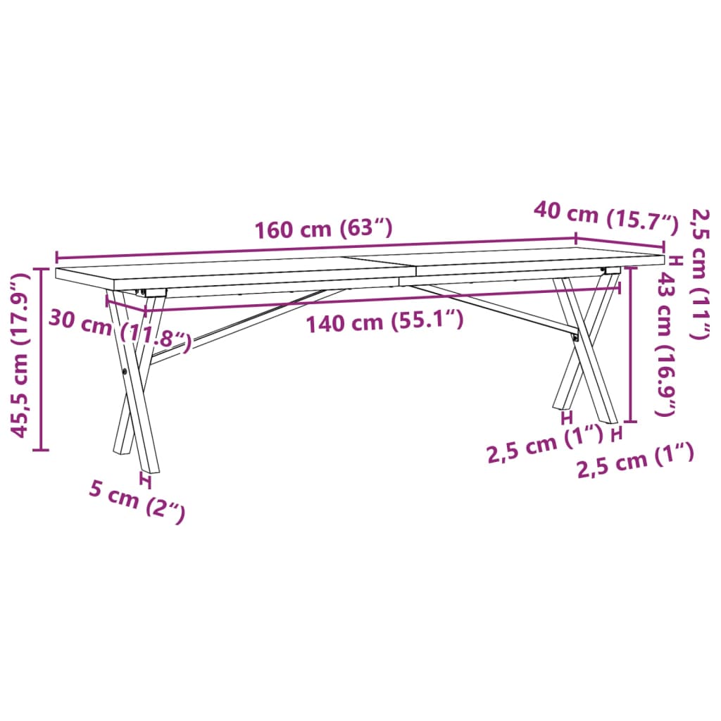 Tavolino Salotto Telaio a X 160x40x45,5 cm Legno Pino e Acciaio | homemem39