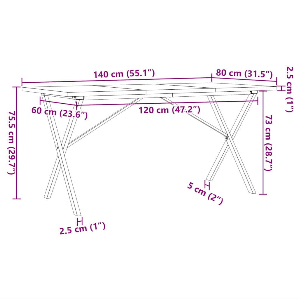 Tavolo da Pranzo Telaio a X 140x80x75,5 cm Legno Pino e Acciaio | homemem39
