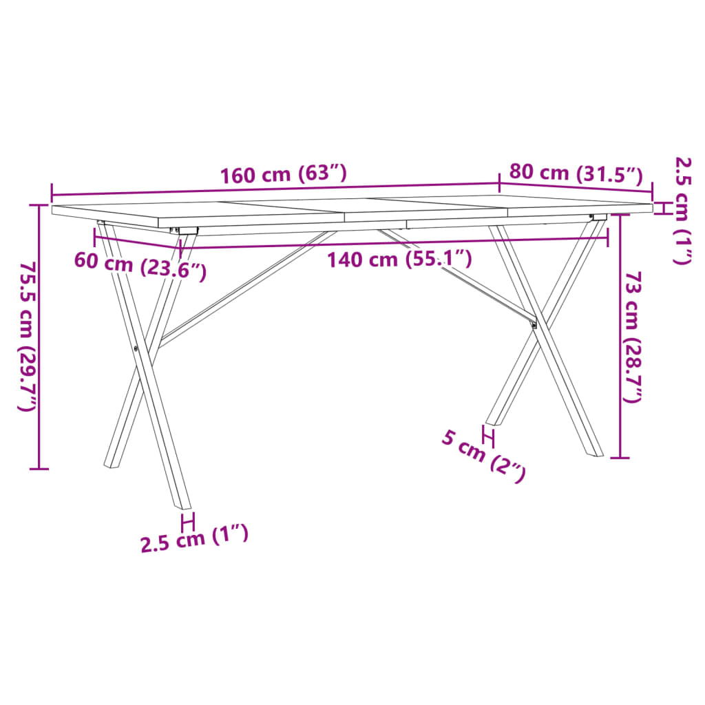 Tavolo da Pranzo Telaio a X 160x80x75,5 cm Legno Pino e Acciaio | homemem39