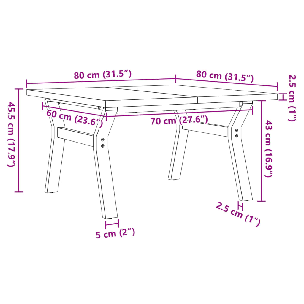 Tavolino Salotto Telaio a Y 80x80x45,5cm Legno Pino e Acciaio | homemem39