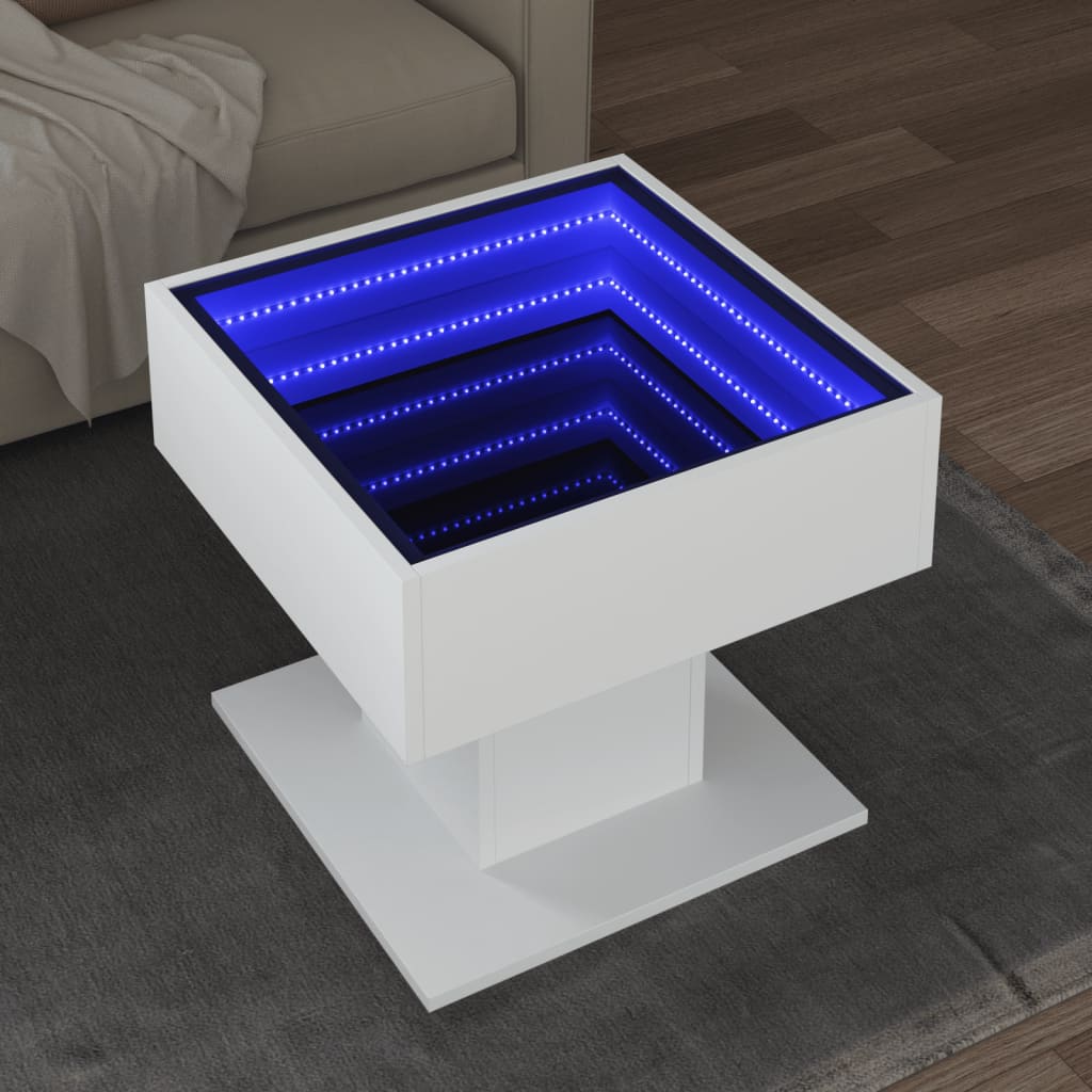 Tavolino Salotto con LED Bianco 50x50x45 cm Legno Multistrato | homemem39