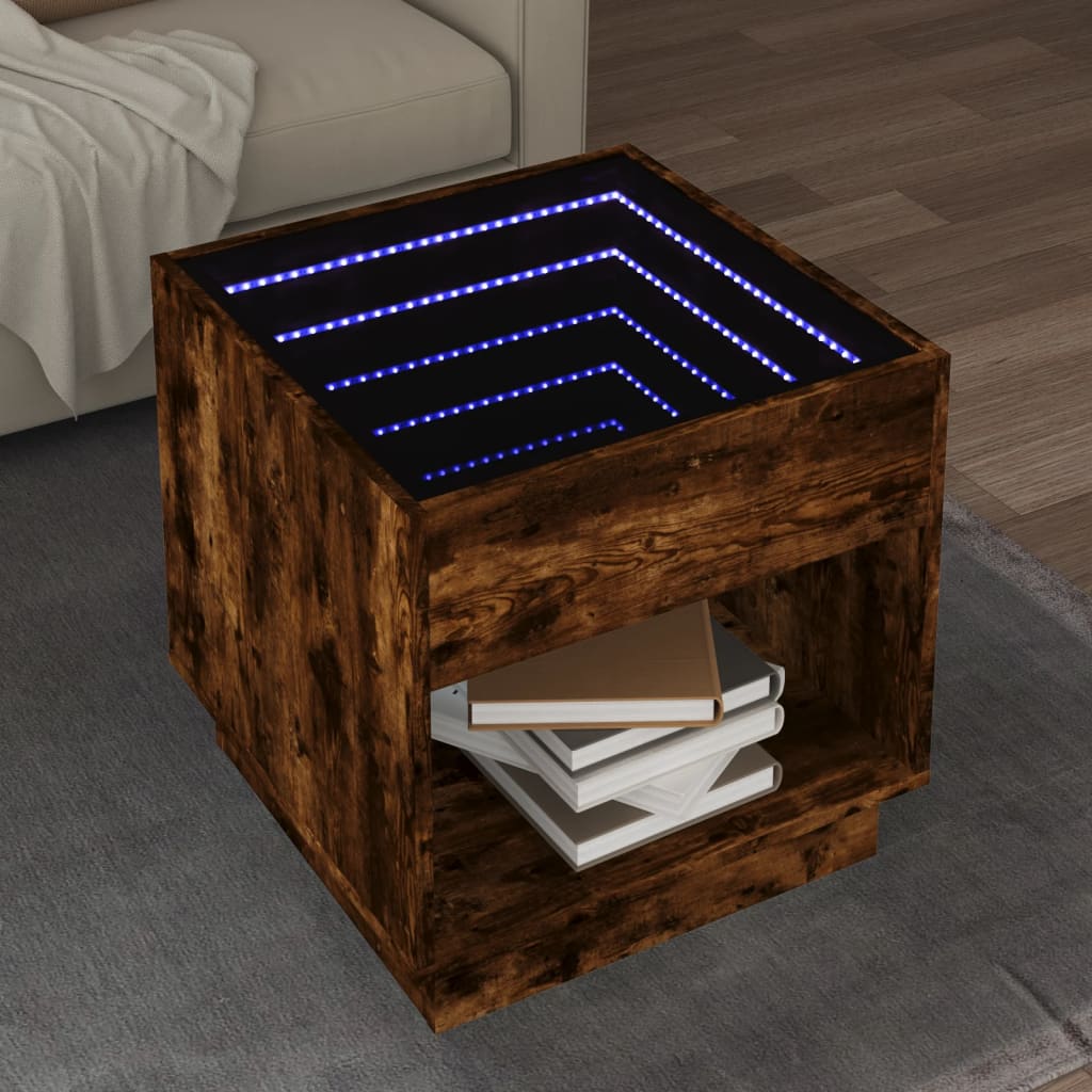 Tavolino da Salotto con LED Infinity Rovere Fumo 50x50x50 cm | homemem39