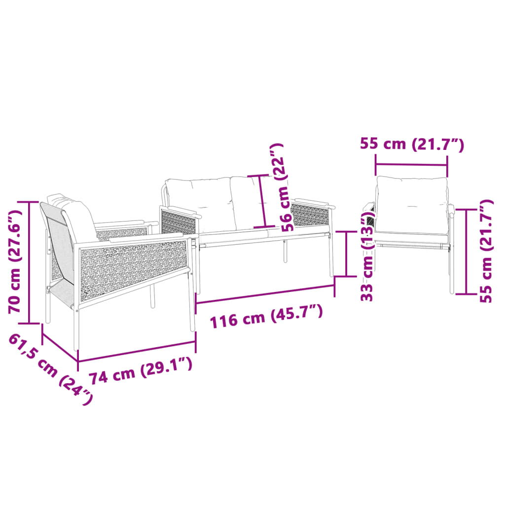 Set Mobili da Balcone 3 pz con Cuscini Nero in Acciaio | homemem39