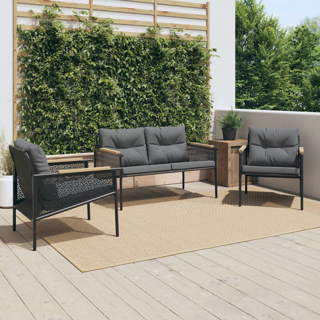 Set Mobili da Balcone 3 pz con Cuscini Nero in Acciaio | homemem39