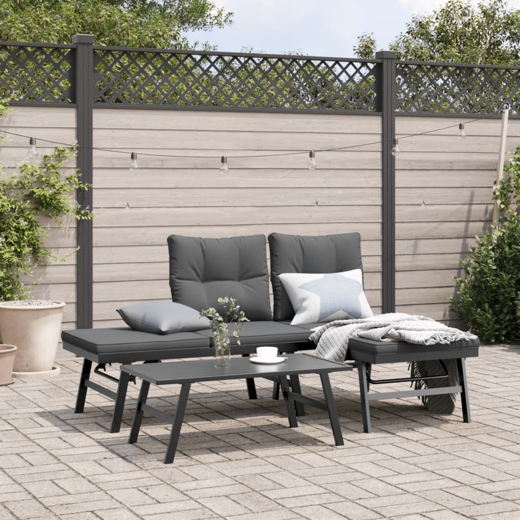 Set Panche Giardino Cuscini 3pz Nere Acciaio Verniciato Polvere | homemem39