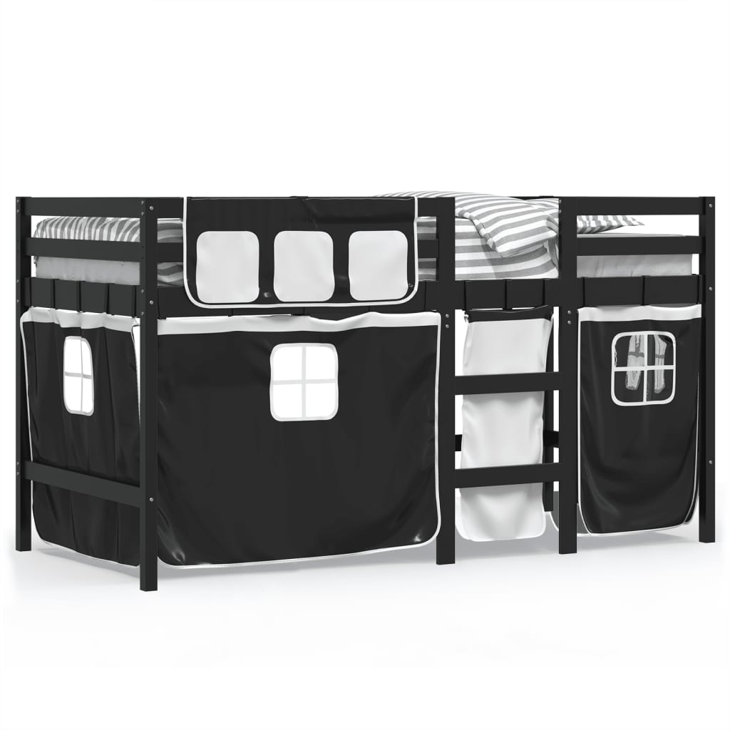 Letto a Soppalco con Tende Bambini Bianco e Nero 80x200 cm Pino - homemem39