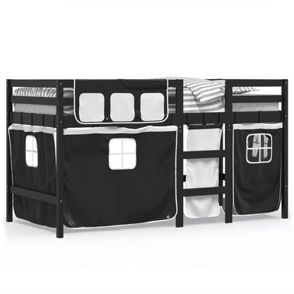 Letto a Soppalco con Tende Bambini Bianco e Nero 80x200 cm Pino - homemem39