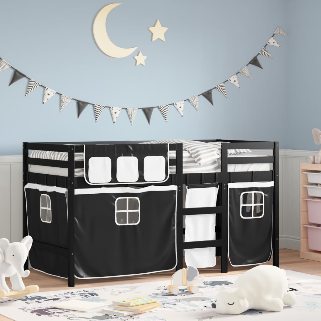 Letto a Soppalco con Tende Bambini Bianco e Nero 80x200 cm Pino - homemem39