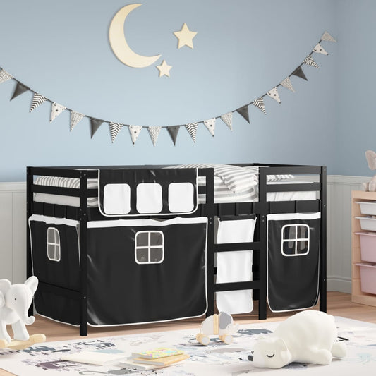 Letto a Soppalco con Tende Bambini Bianco e Nero 80x200 cm Pino - homemem39