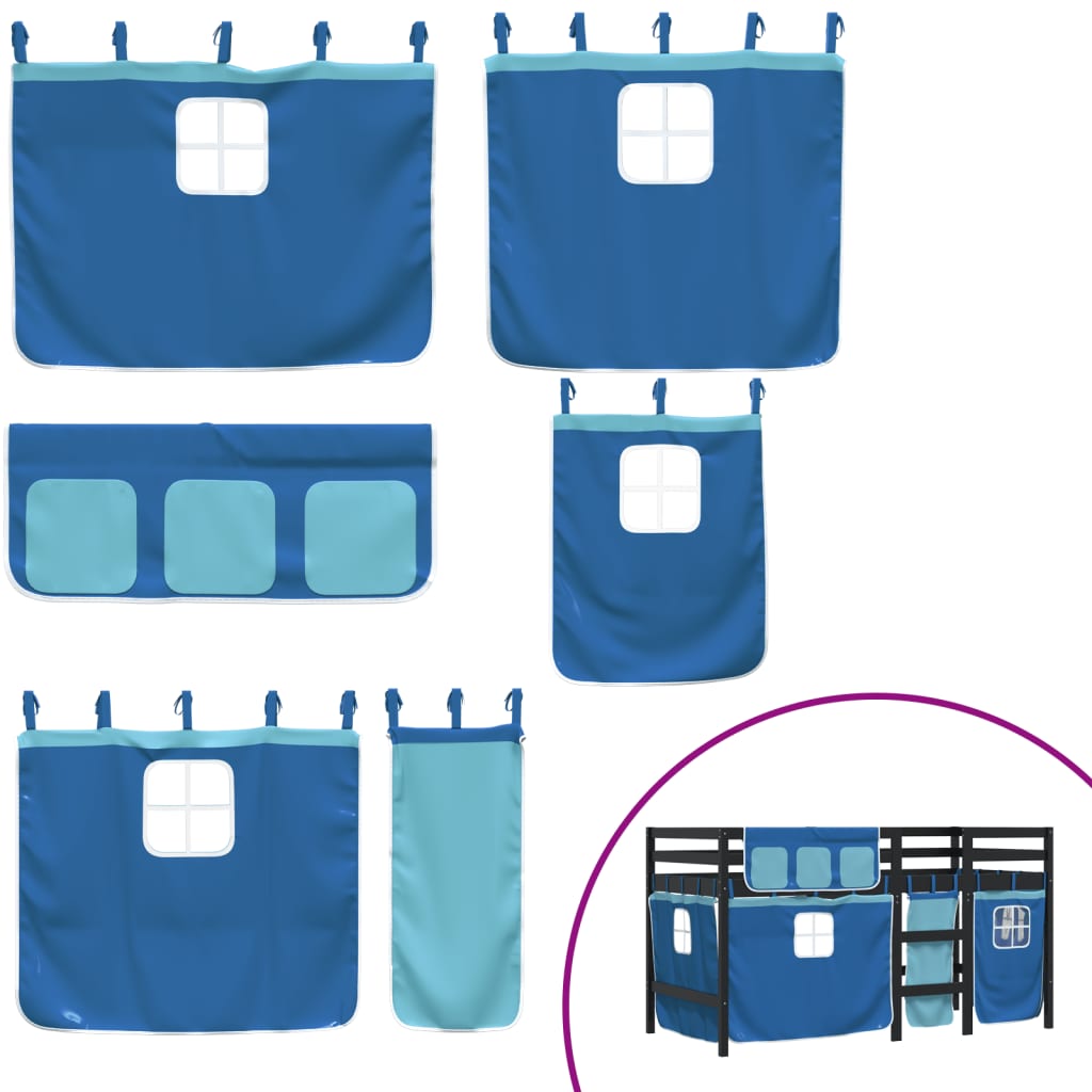 Letto a Soppalco con Tende Bambini Blu 80x200 cm Massello Pino - homemem39