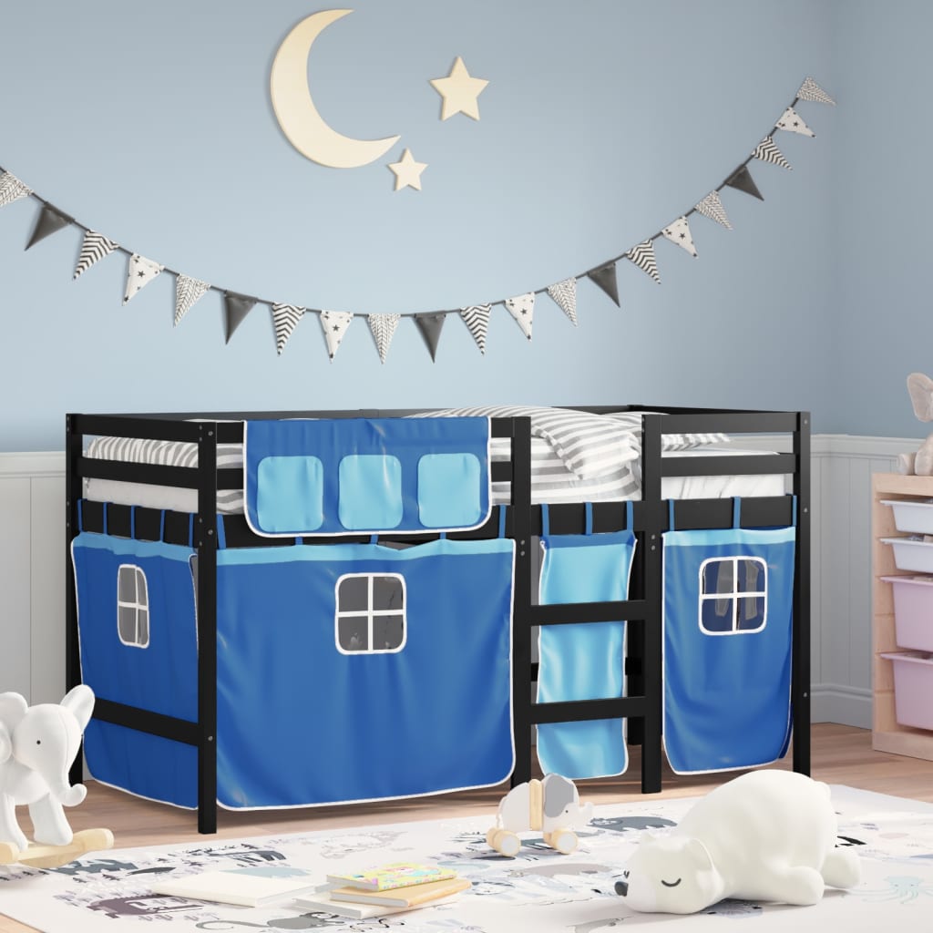 Letto a Soppalco con Tende Bambini Blu 80x200 cm Massello Pino - homemem39