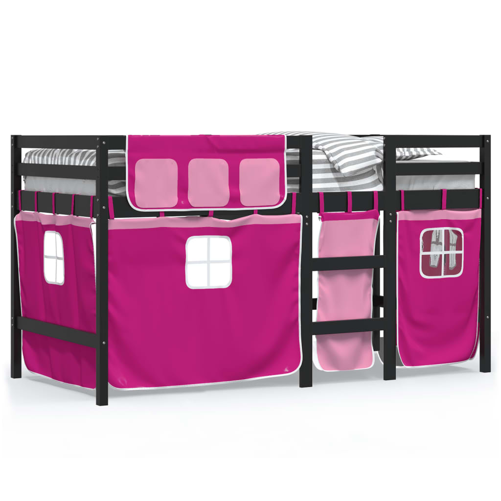 Letto a Soppalco con Tende Bambini Rosa 80x200 cm Massello Pino - homemem39