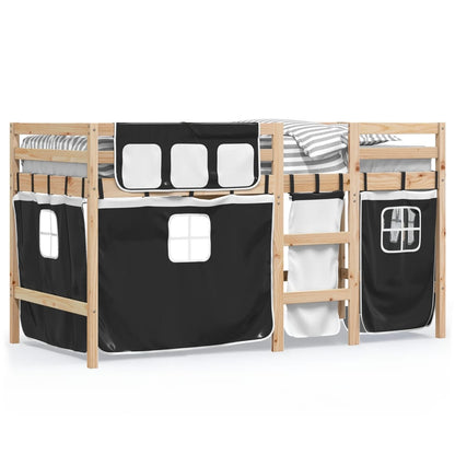 Letto a Soppalco con Tende Bambini Bianco e Nero 90x200 cm Pino - homemem39