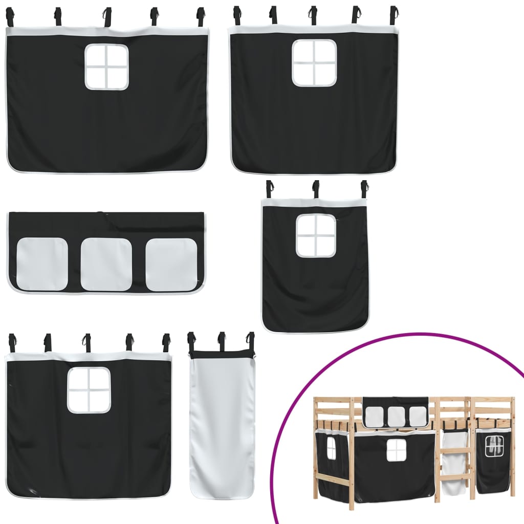 Letto a Soppalco con Tende Bambini Bianco e Nero 90x200 cm Pino - homemem39