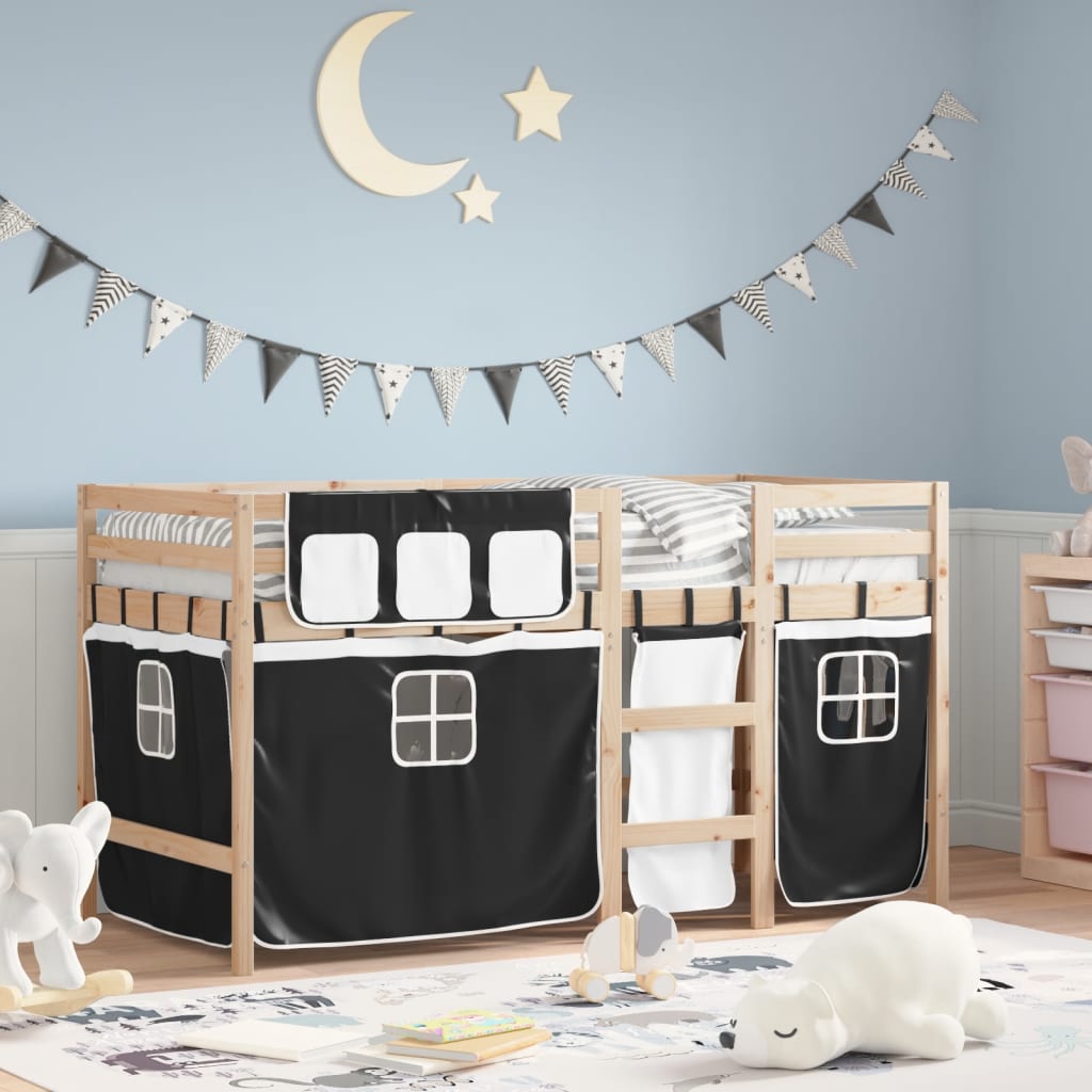 Letto a Soppalco con Tende Bambini Bianco e Nero 90x200 cm Pino - homemem39