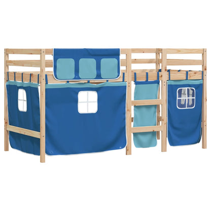 Letto a Soppalco con Tende Bambini Blu 90x200 cm Massello Pino - homemem39