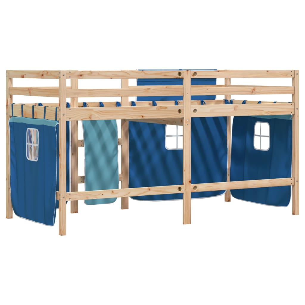 Letto a Soppalco con Tende Bambini Blu 90x200 cm Massello Pino - homemem39