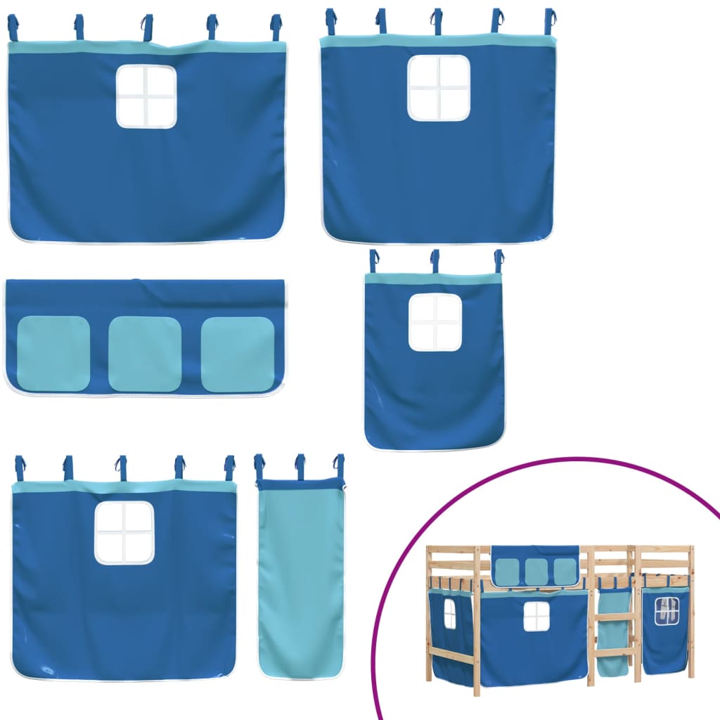 Letto a Soppalco con Tende Bambini Blu 90x200 cm Massello Pino - homemem39