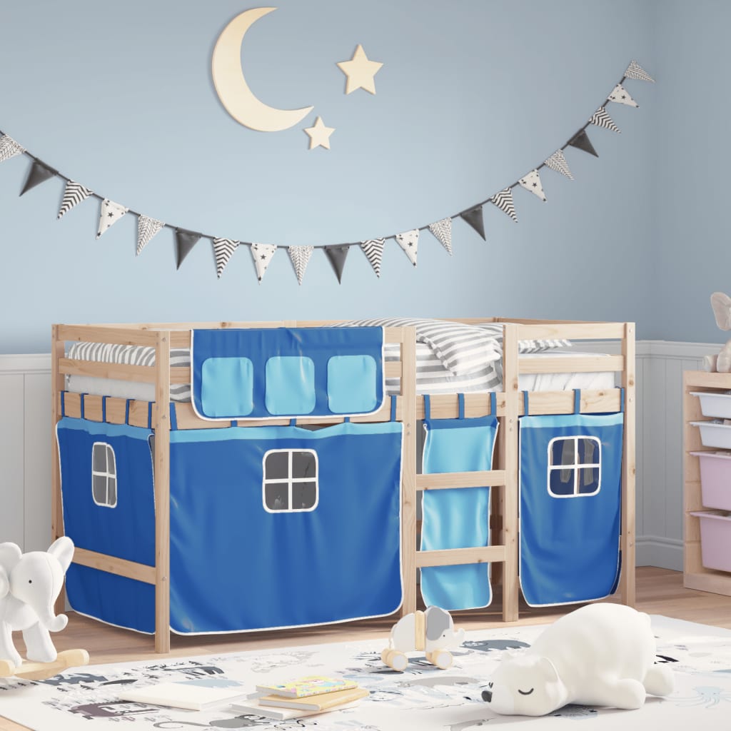 Letto a Soppalco con Tende Bambini Blu 90x200 cm Massello Pino - homemem39