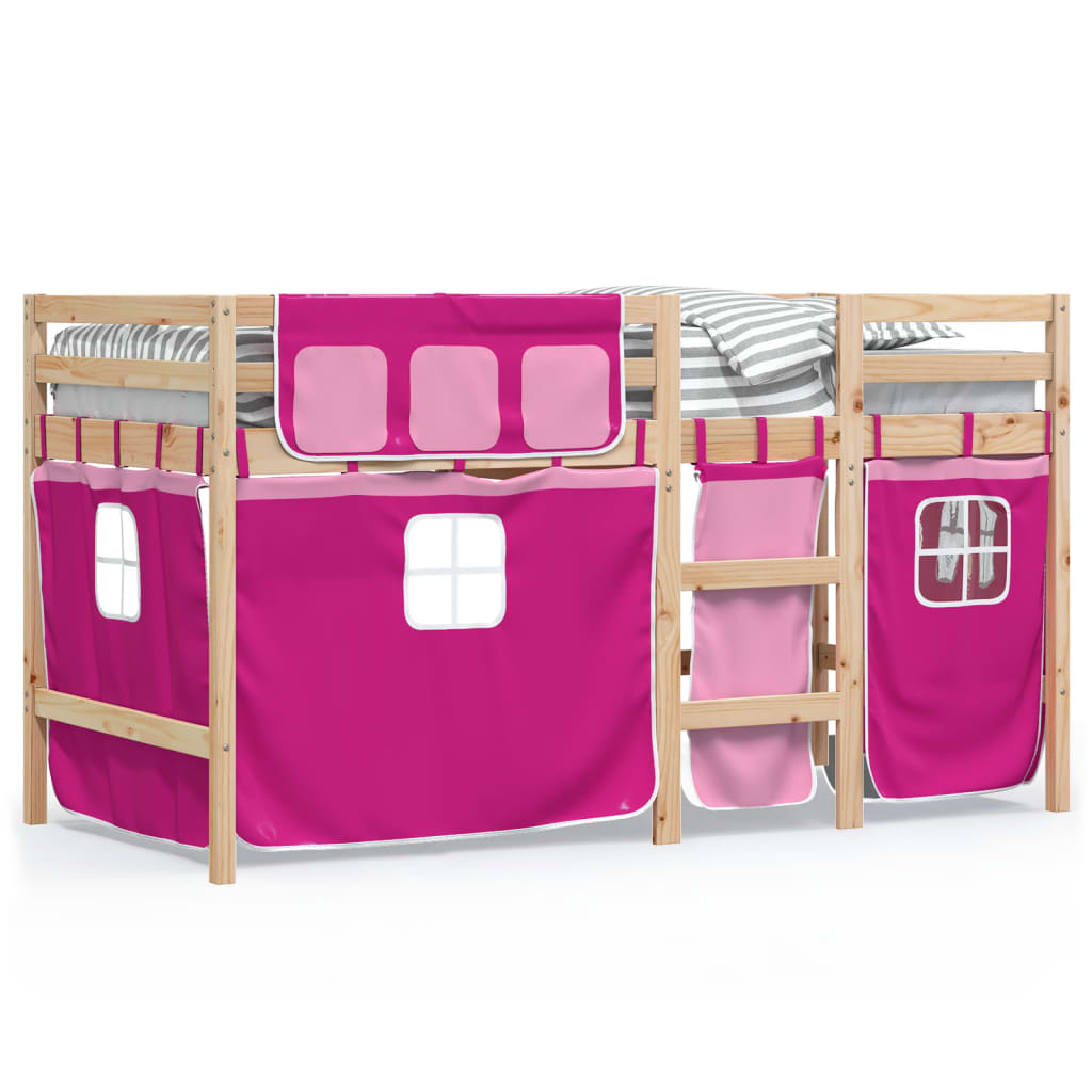 Letto a Soppalco con Tende Bambini Rosa 90x200 cm Massello Pino - homemem39