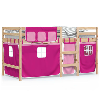 Letto a Soppalco con Tende Bambini Rosa 90x200 cm Massello Pino - homemem39