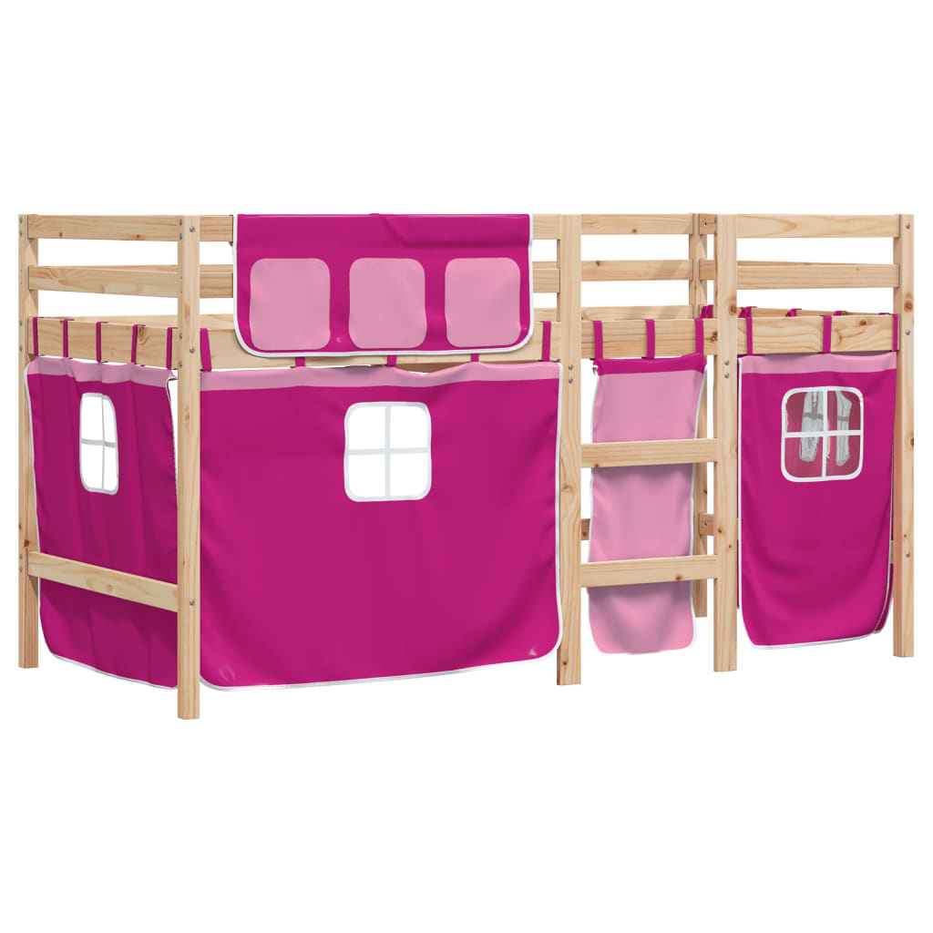 Letto a Soppalco con Tende Bambini Rosa 90x200 cm Massello Pino - homemem39