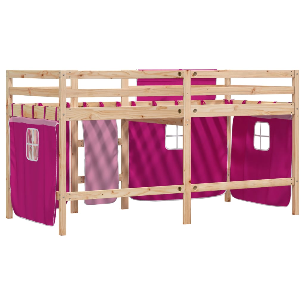 Letto a Soppalco con Tende Bambini Rosa 90x200 cm Massello Pino - homemem39