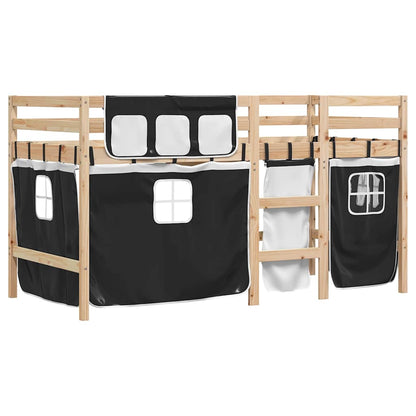 Letto a Soppalco Bambini con Tende Bianco e Nero 90x190 cm Pino