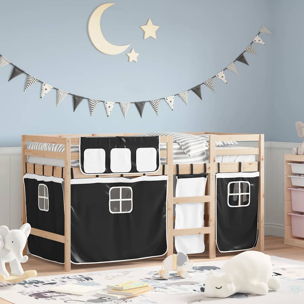 Letto a Soppalco Bambini con Tende Bianco e Nero 90x190 cm Pino