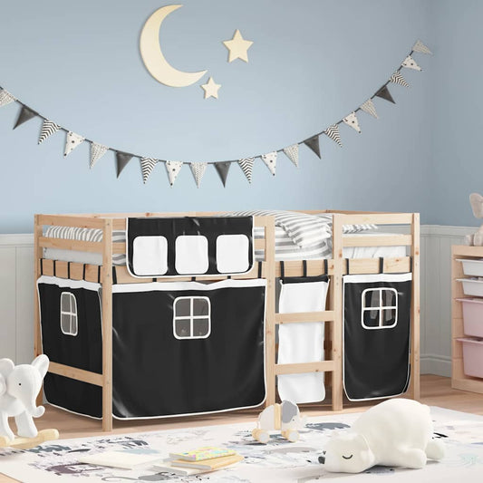 Letto a Soppalco Bambini con Tende Bianco e Nero 90x190 cm Pino