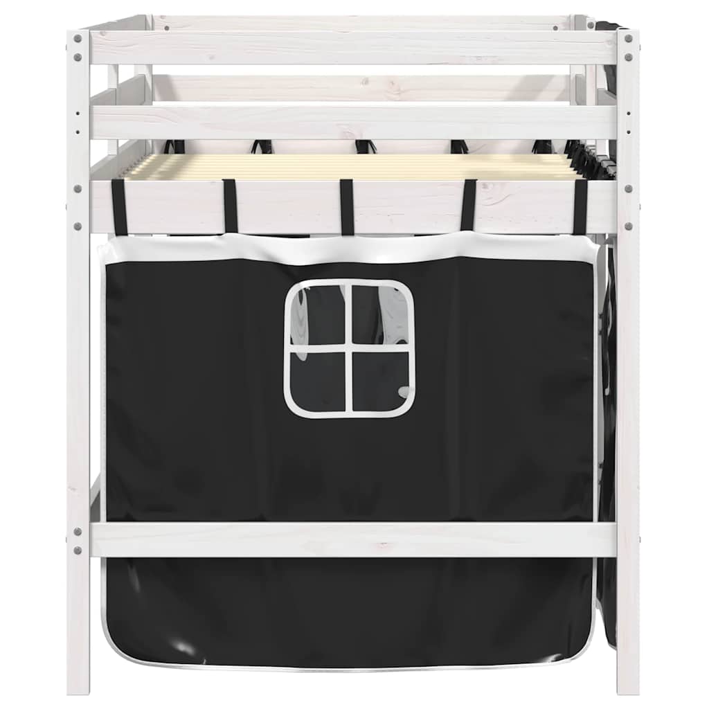 Letto a Soppalco Bambini con Tende Bianco e Nero 90x190 cm Pino