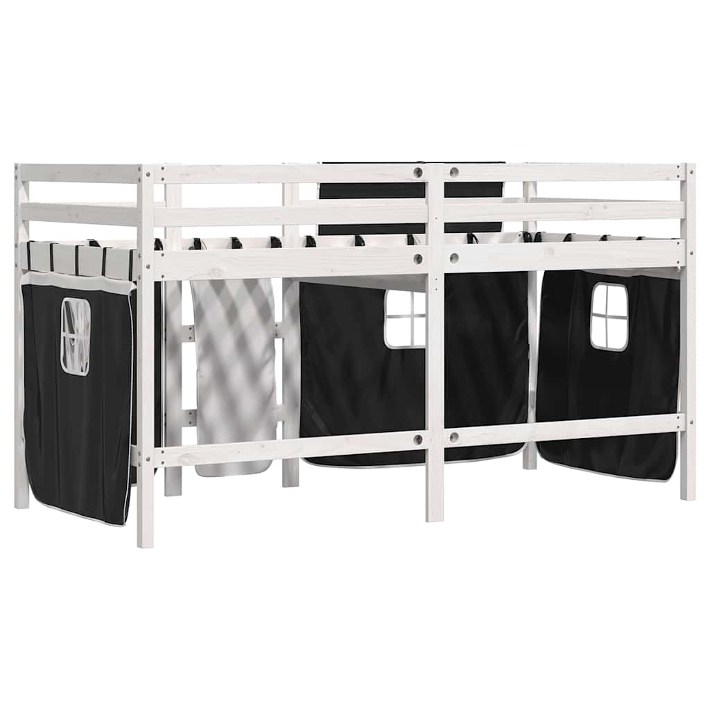 Letto a Soppalco Bambini con Tende Bianco e Nero 90x190 cm Pino