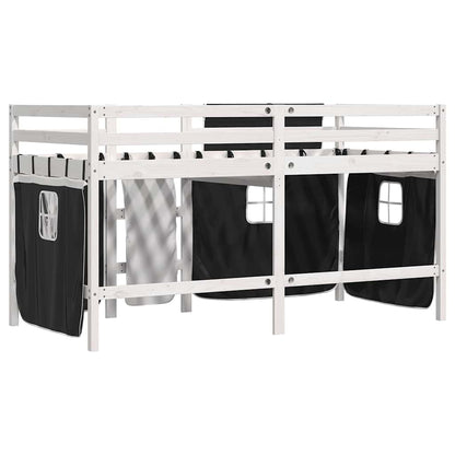Letto a Soppalco Bambini con Tende Bianco e Nero 90x190 cm Pino
