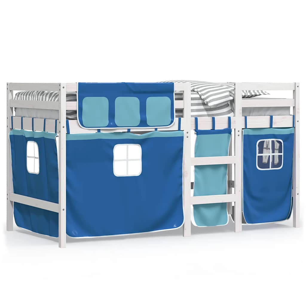 Letto a Soppalco Bambini con Tende Blu 90x190 cm Massello Pino