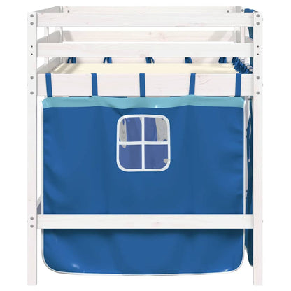Letto a Soppalco Bambini con Tende Blu 90x190 cm Massello Pino