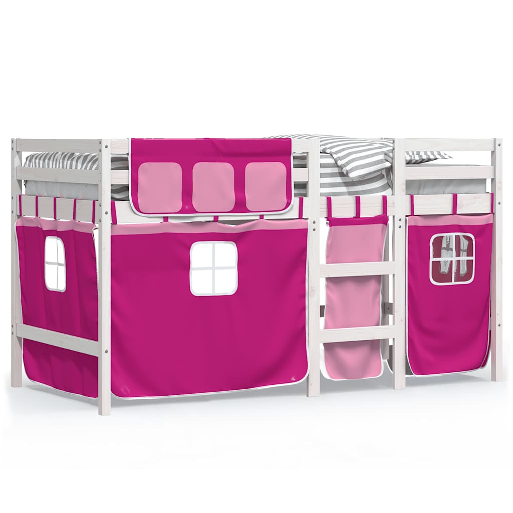 Letto a Soppalco con Tende Bambini Rosa 90x190 cm Massello Pino
