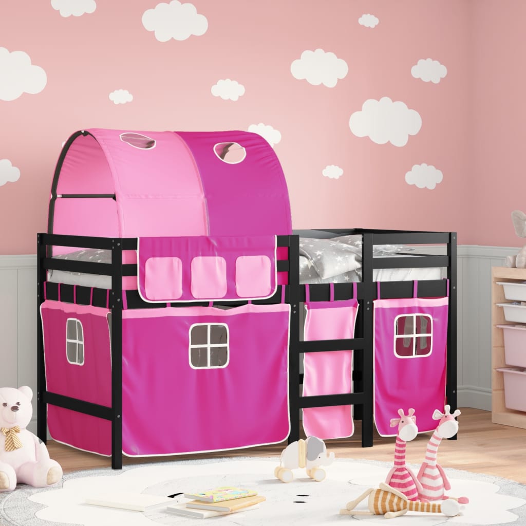 Letto a Soppalco con Tunnel Bambini Rosa 80x200cm Massello Pino - homemem39