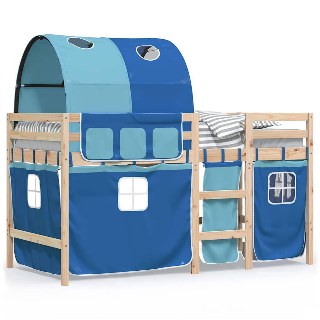 Letto a Soppalco con Tunnel Bambini Blu 90x190cm Massello Pino