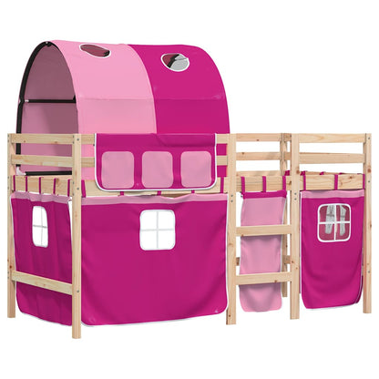 Letto a Soppalco con Tunnel Bambini Rosa 90x190cm Massello Pino