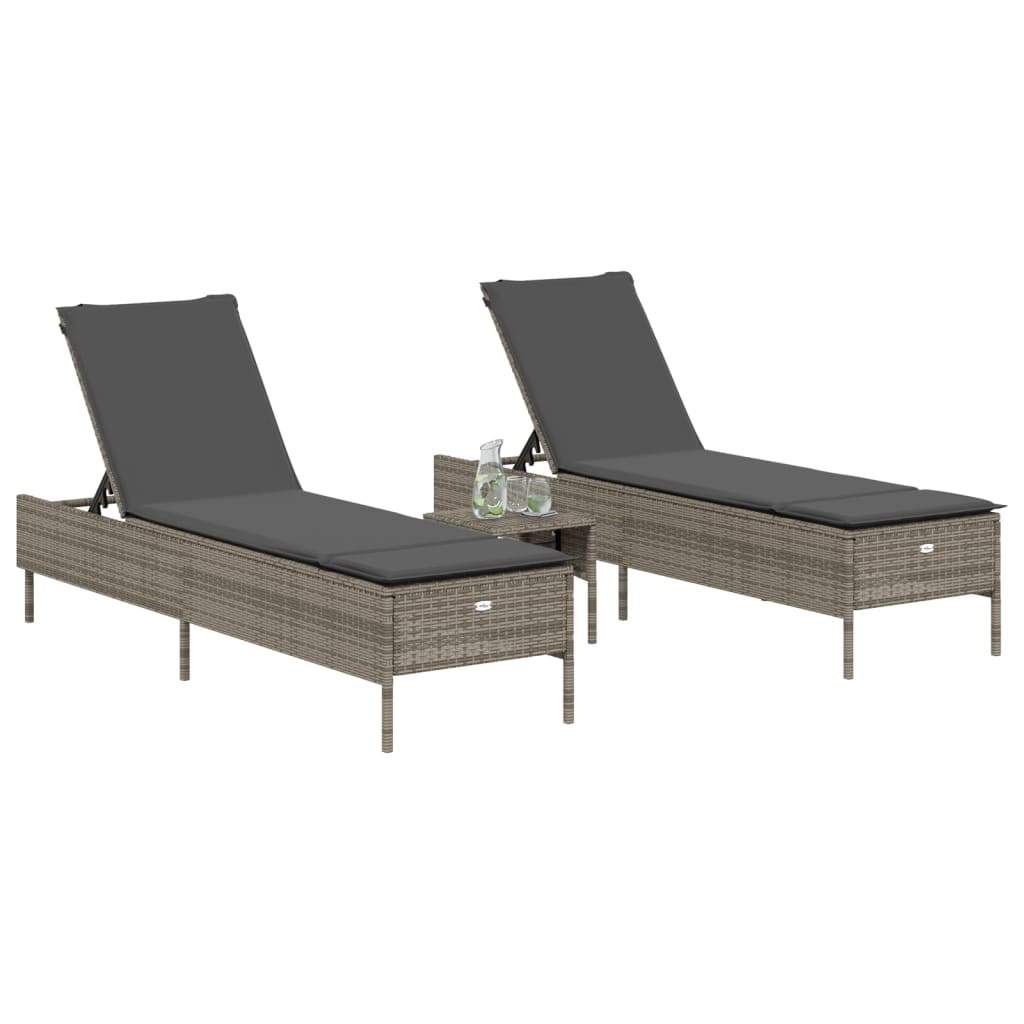 Set Lettini Prendisole con Cuscini 3pz Grigio in Polyrattan