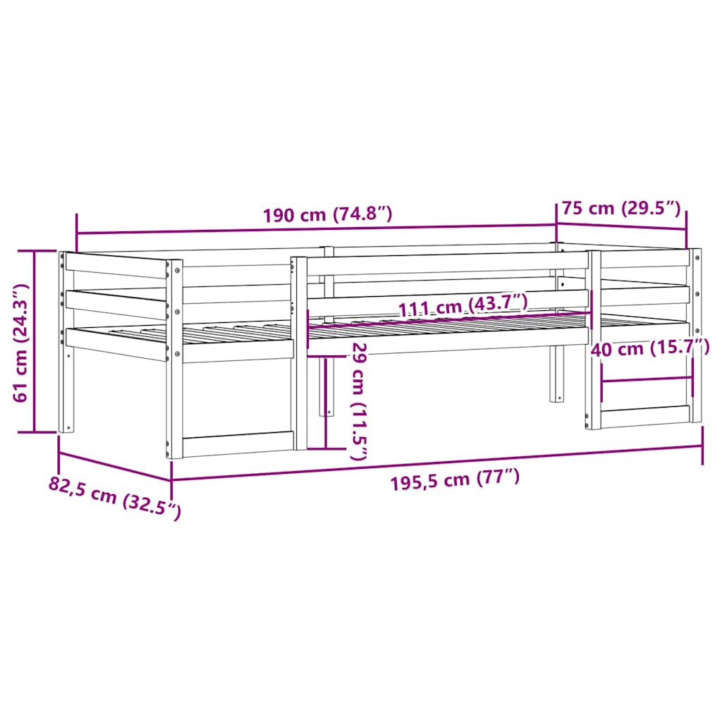 Giroletto per Bambini Bianco 75x190cm in Legno Massello di Pino | homemem39