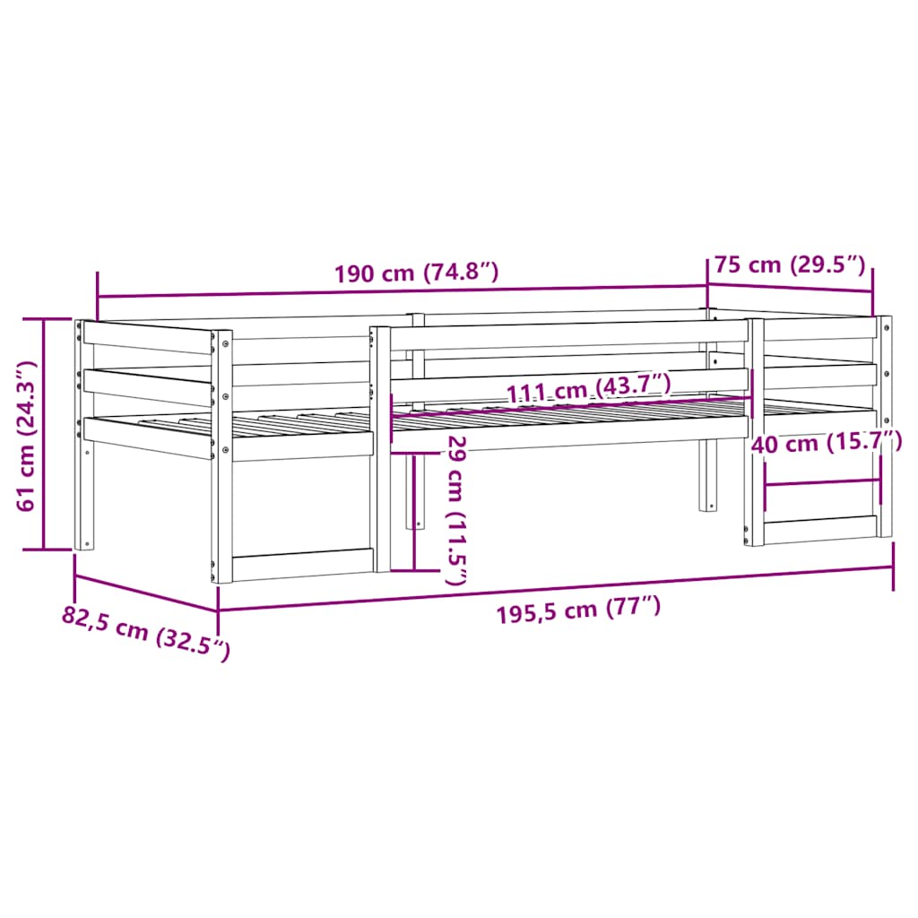 Giroletto Bambini Marrone Cera 75x190 cm Legno Massello di Pino | homemem39
