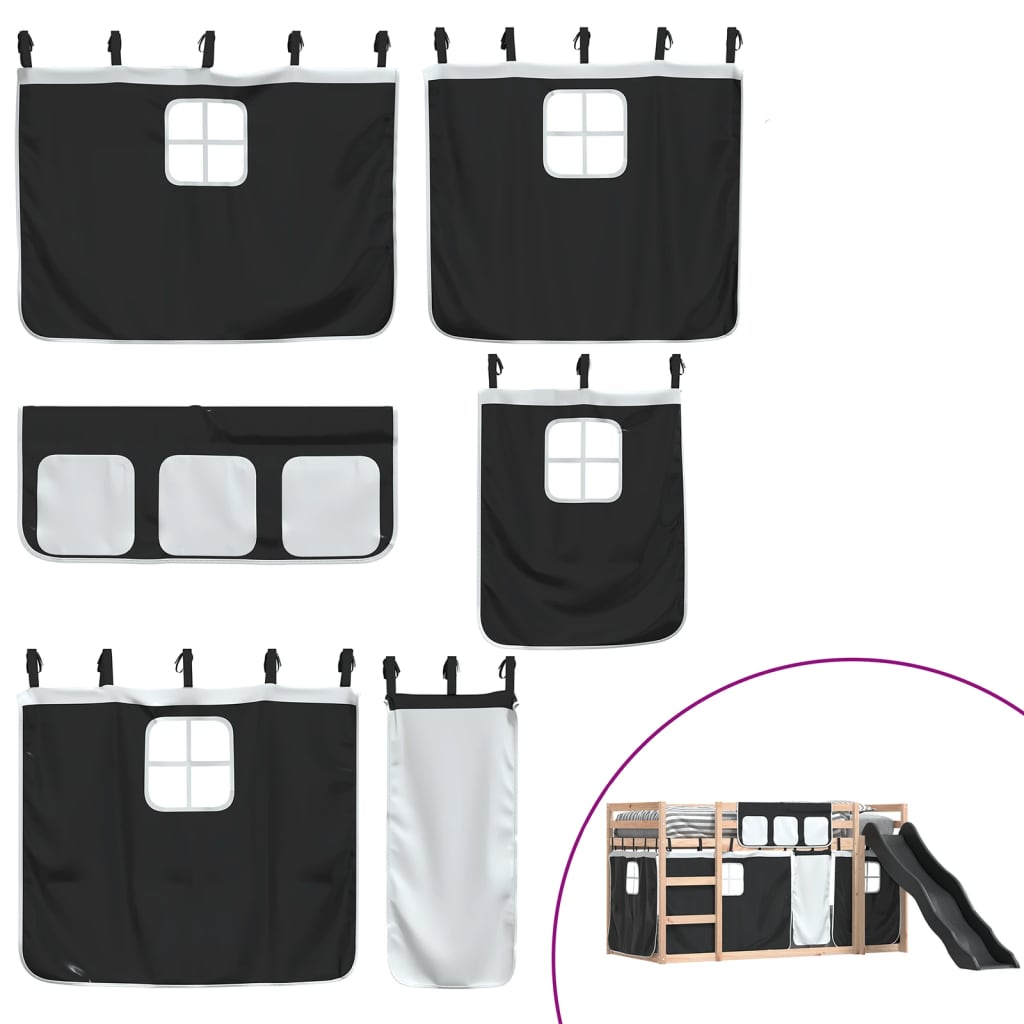 Letto a Castello con Scivolo e Tende Bianco e Nero 90x200 cm - homemem39
