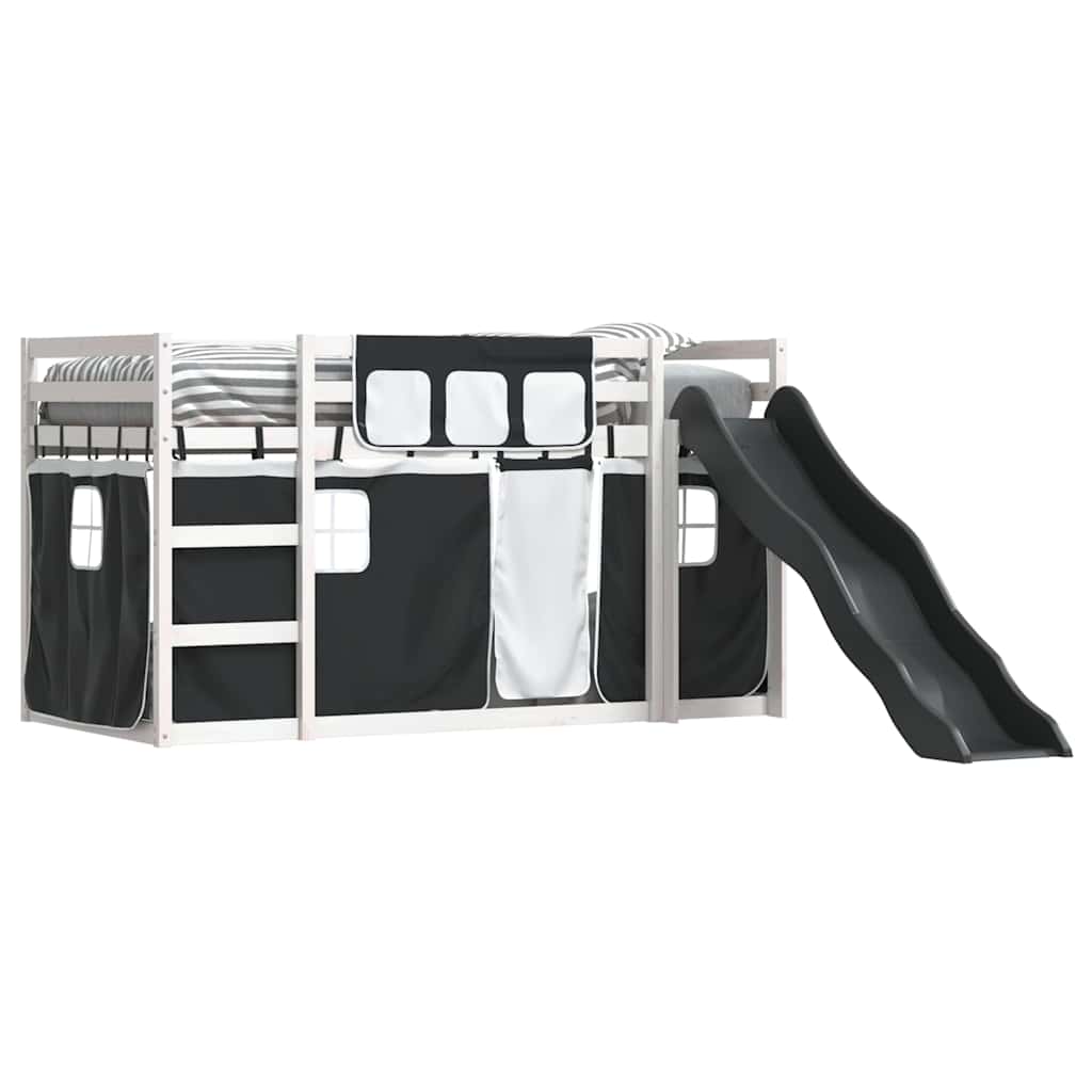 Letto a Castello con Scivolo e Tende Bianco e Nero 90x200 cm