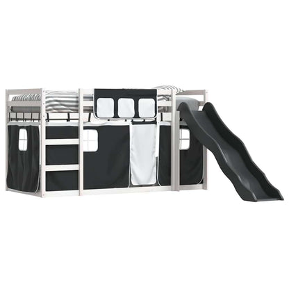 Letto a Castello con Scivolo e Tende Bianco e Nero 90x200 cm