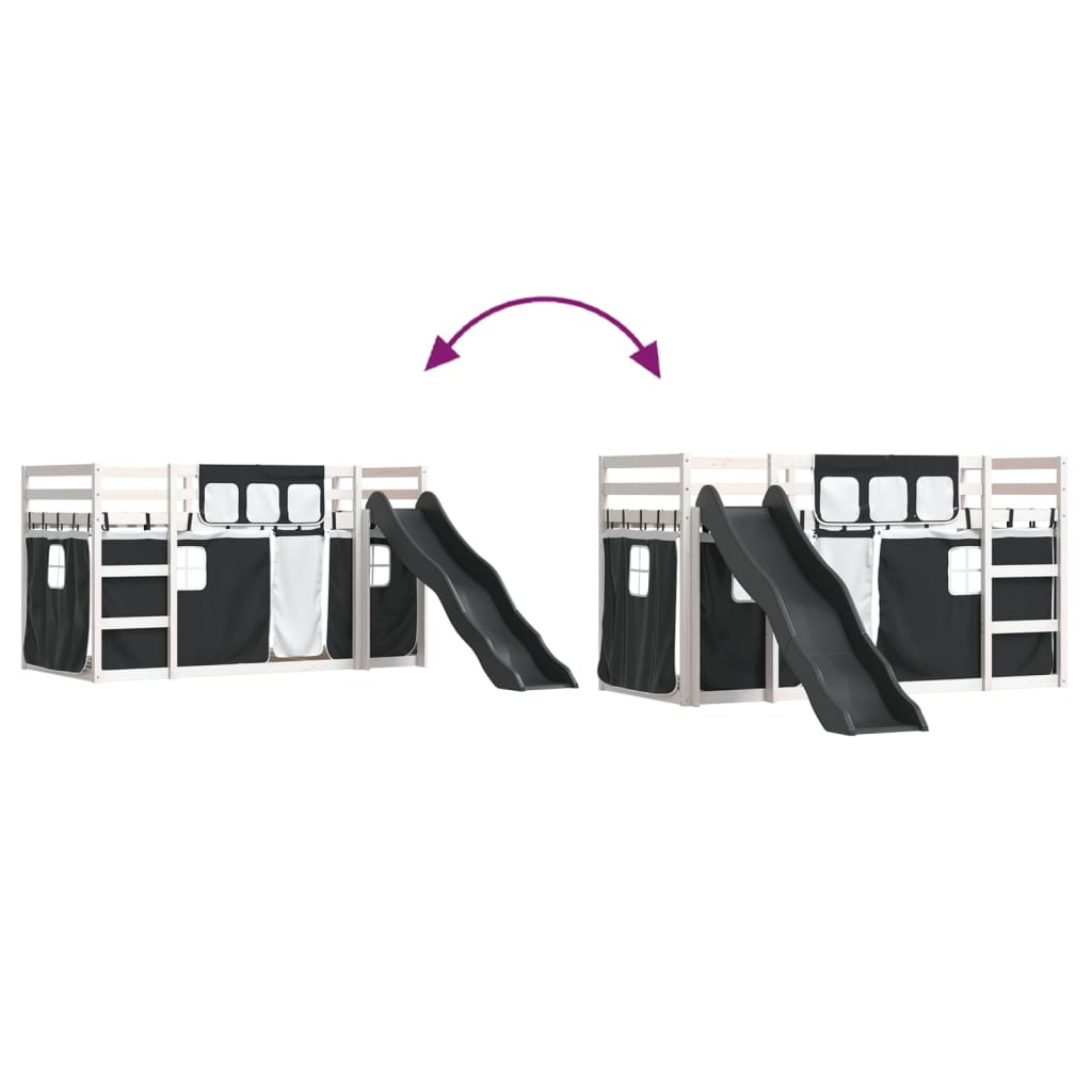 Letto a Castello con Scivolo e Tende Bianco e Nero 80x200 cm - homemem39