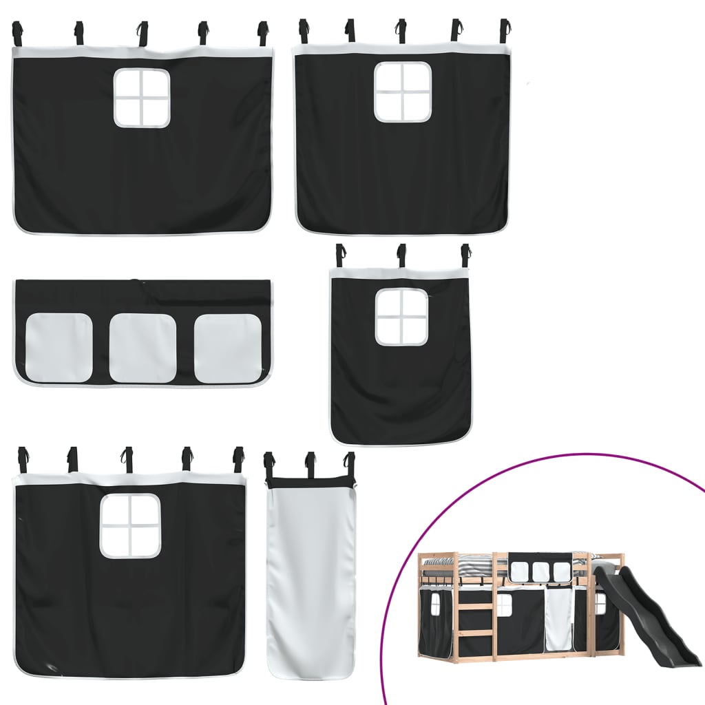 Letto a Castello con Scivolo e Tende Bianco e Nero 80x200 cm - homemem39