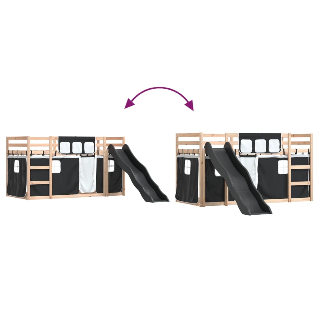 Letto a Castello con Scivolo e Tende Bianco e Nero 80x200 cm - homemem39