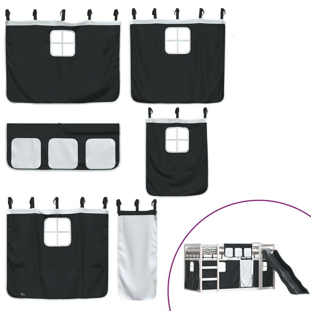 Letto a Castello con Scivolo e Tende Bianco e Nero 80x200 cm - homemem39