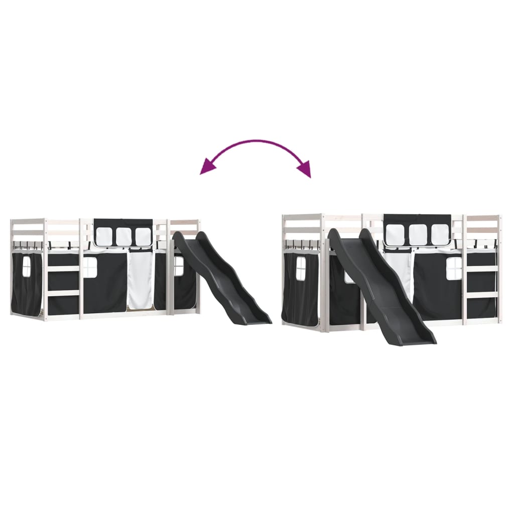 Letto a Castello con Scivolo e Tende Bianco e Nero 80x200 cm - homemem39